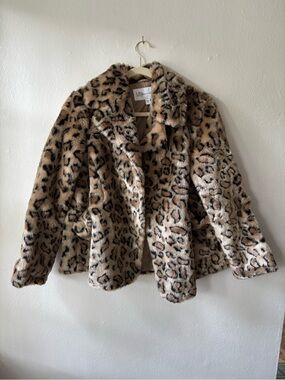 French Connection Leopard Print Faux Fur Coat in Taupe and Black
